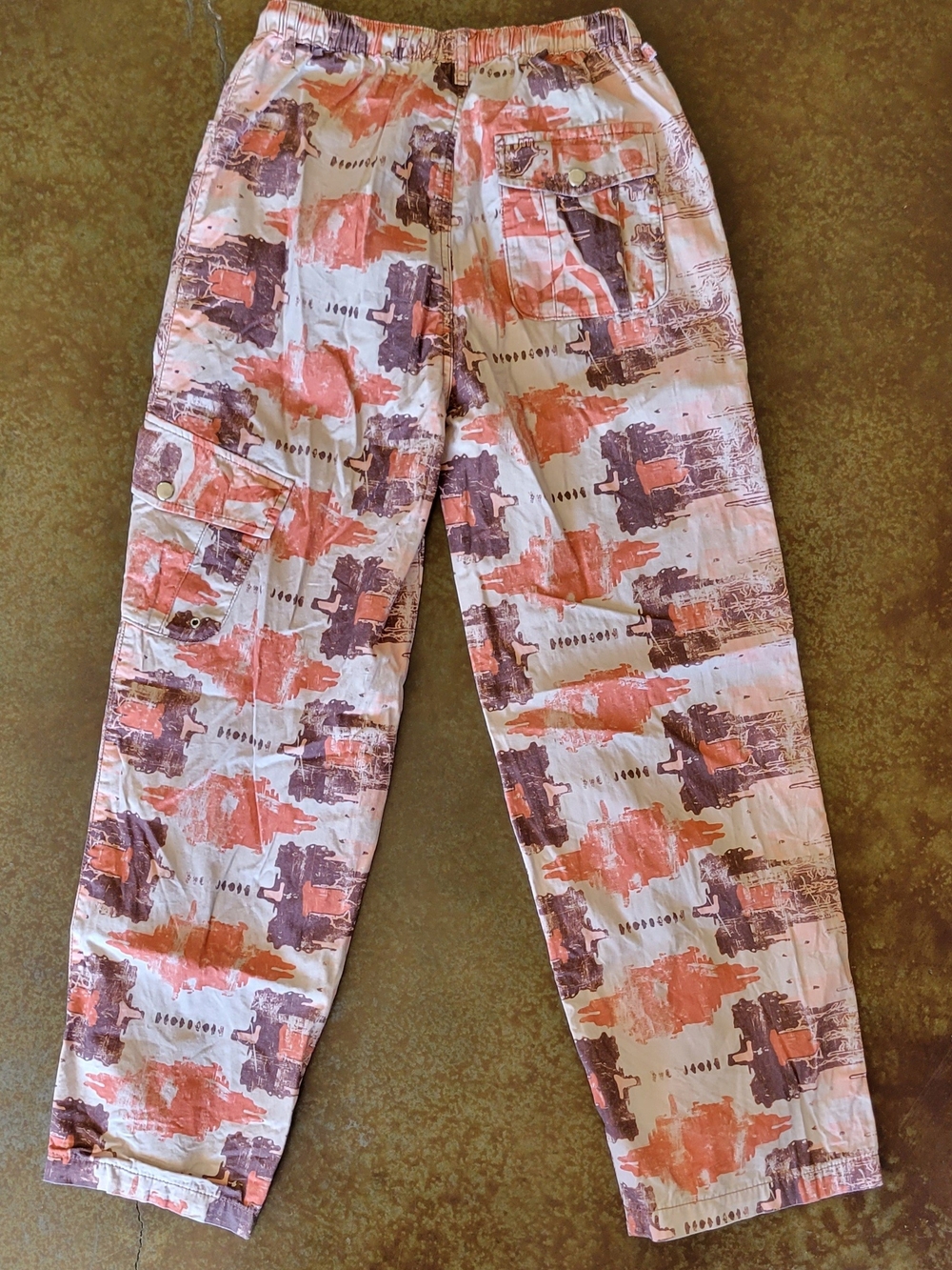 Reclaimed Vintage Elastic Waist Pants in Peach & Brown Print Sz 4 - Picture 2 of 8